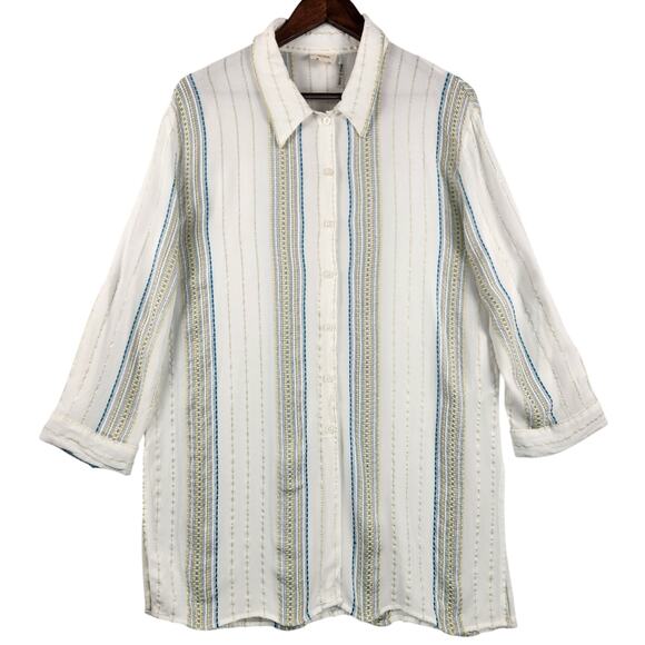 Elan Striped Button Up Shirt Women M Cream Blue Gold Metallic Made in India EUC - Picture 1 of 15